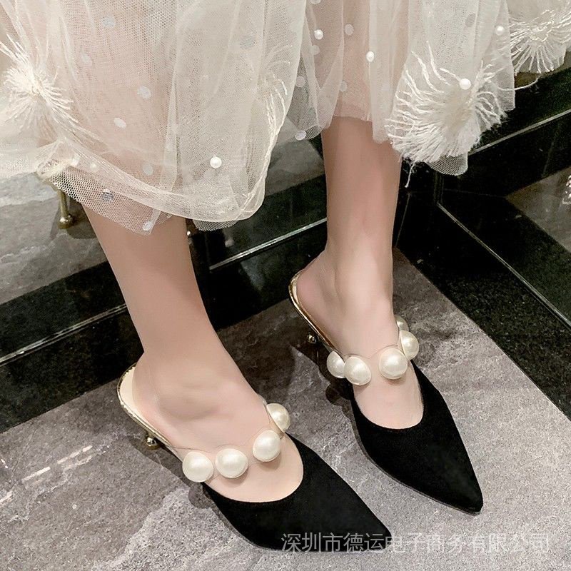 Dép Cao Gót 8cm Mũi Nhọn Đính Ngọc Trai Thời Trang Mùa Hè Dành Cho Nữ（Small, recommended +1 yard）