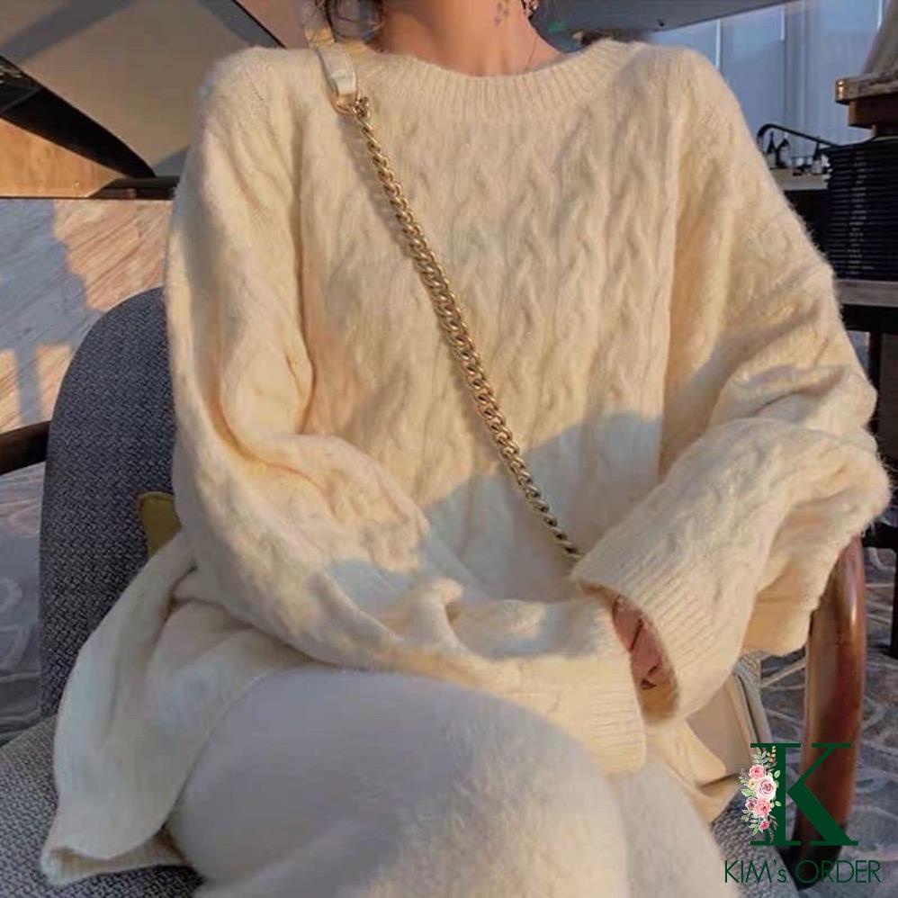 Áo len nữ màu trắng be form rộng sweater cổ tròn dài tay chất len vặn thừng dày dặn cao cấp phong cách Hàn Quốc | BigBuy360 - bigbuy360.vn