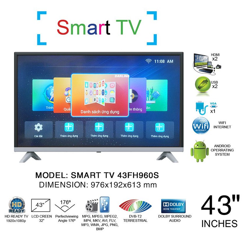 Smart Tivi Led Darling 43 inch Full HD 43FH960S  Internet, Wifi, DVB-T2, Tivi Giá Rẻ - Hàng Chính Hãng