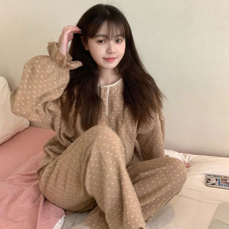 Bộ ngủ chấm bi bèo dài tay mặc nhà phong cách vintage Hàn Quốc