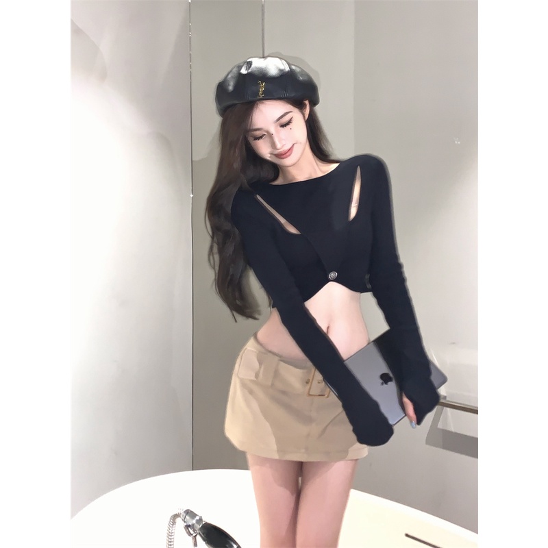 Áo Sweater Dệt Kim Màu Đen Tay Dài Dáng Ôm Phong Cách Thời Trang Pháp