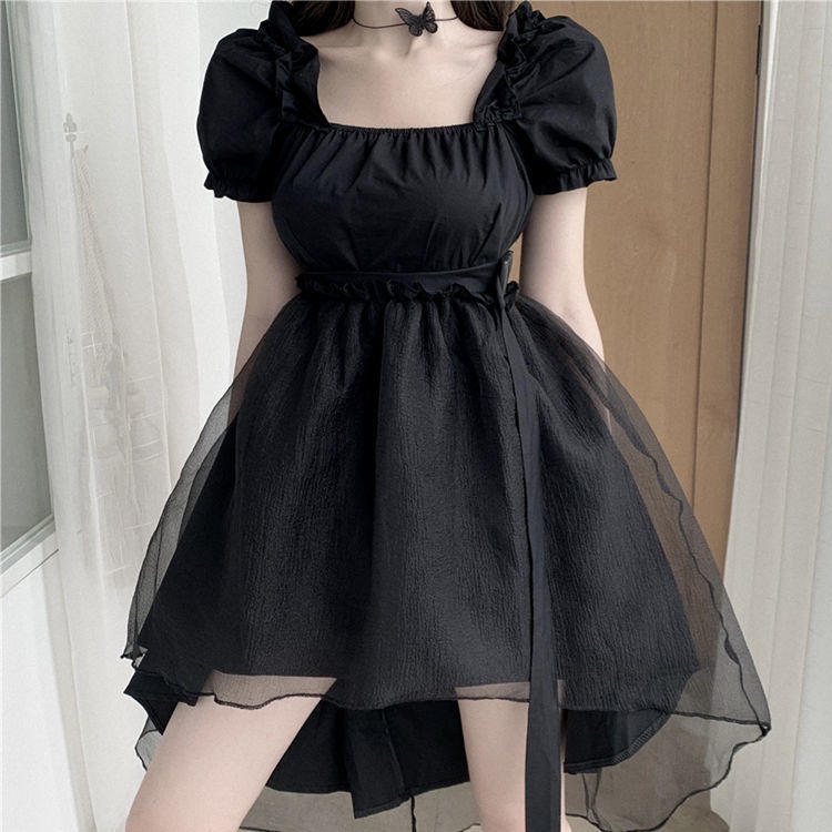 Đầm Xòe Tay Ngắn Phồng Màu Đen Thời Trang Mùa Hè 2022 Cho Nữ