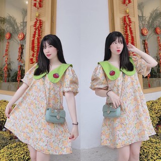 Váy suông đũi thô dáng suông rộng phối cổ vạt nhọn tay phồng, Đầm thô hoa cổ nhọn