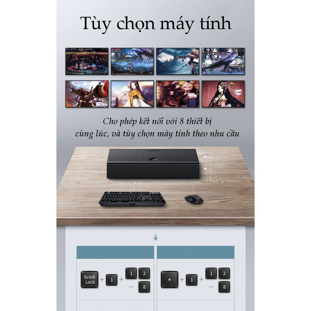 Bộ chuyển mạch 8 máy tính dùng chung 1 bộ phím chuột Ugreen 60102 cao cấp - Hàng Chính Hãng