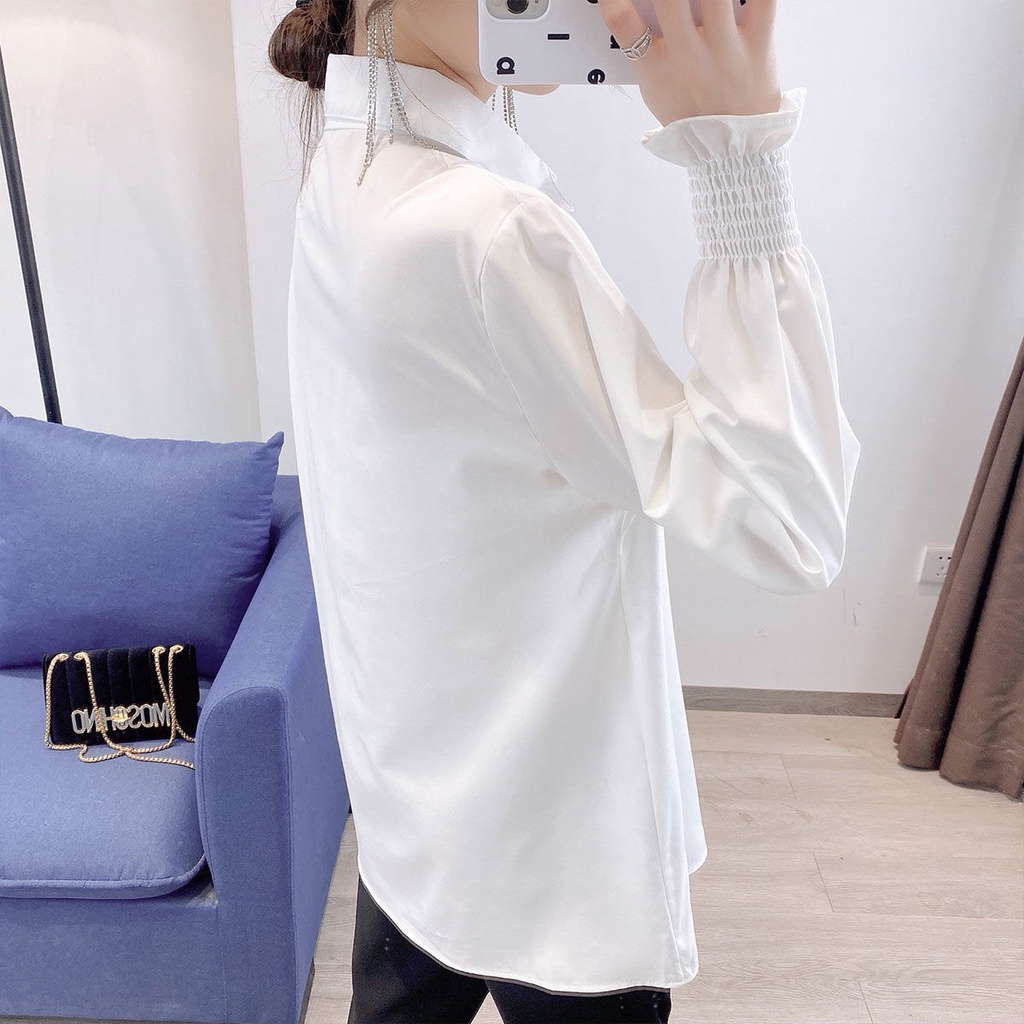 Áo Sơ Mi Trắng Nữ Kiểu Công Sở Form Rộng Đẹp MOLA Tay Phồng Dài Bo Chun Bánh Bèo Hàn Quốc Màu Trắng Kem và Trắng Tinh