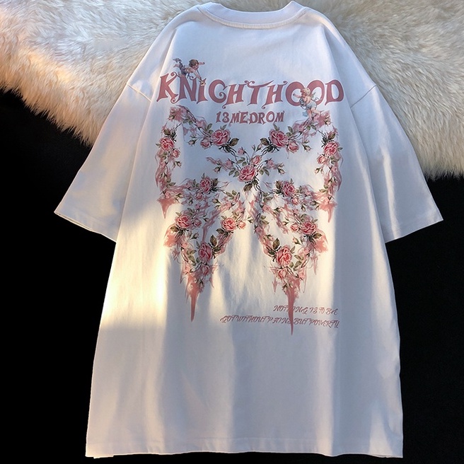 Áo thun ZHELIHANGFEI tay ngắn dáng rộng in hình hoa hồng/ nơ dễ phối đồ