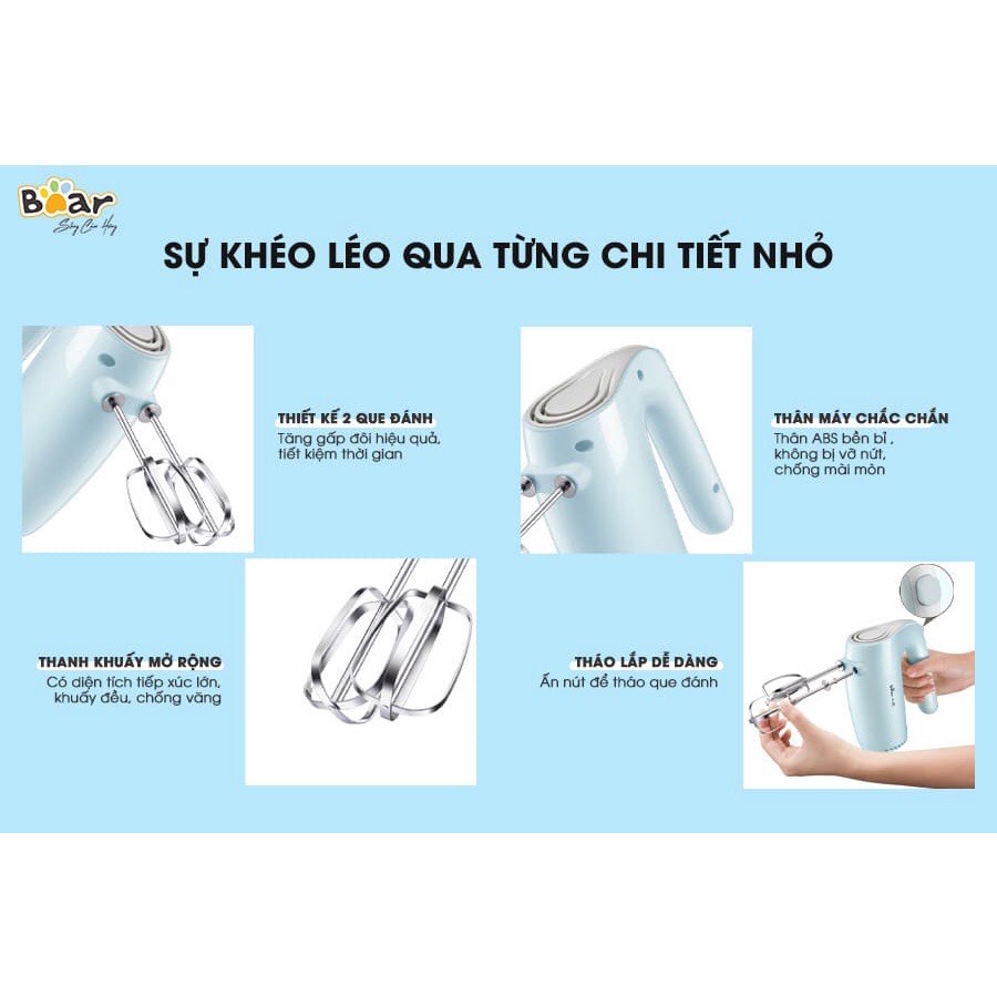 Máy đánh trứng cầm tay mini chính hãng Bear - tích hợp 5 chế độ, que đánh inox chống gỉ - L02212213