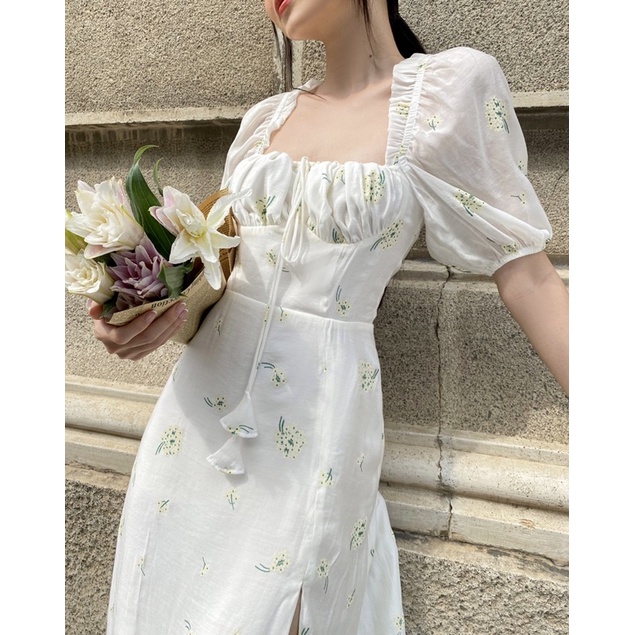 Đầm midi hoa tay phồng xẻ tà