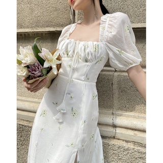 Đầm midi hoa tay phồng xẻ tà
