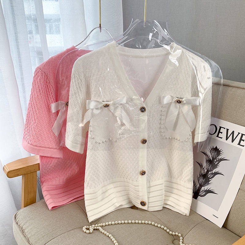 Áo Khoác cardigan Cổ Chữ V Phối Túi Đính Nơ Xinh Xắn Thời Trang