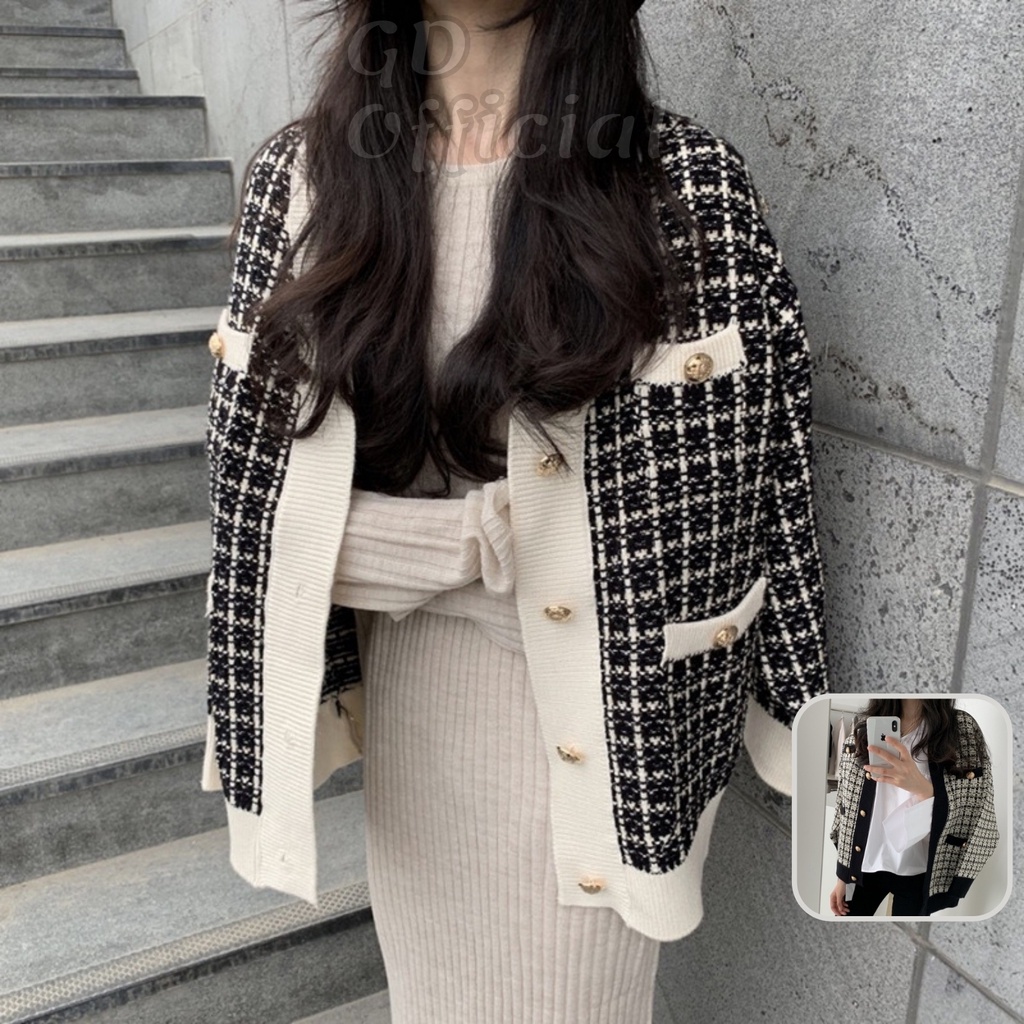 K40|Áo khoác cổ chữ V cardigan suông rộng thẳng túi nữ ngắn dài tweed tuýt trơn dày dạ đen len vest ấm nỉ GD Official