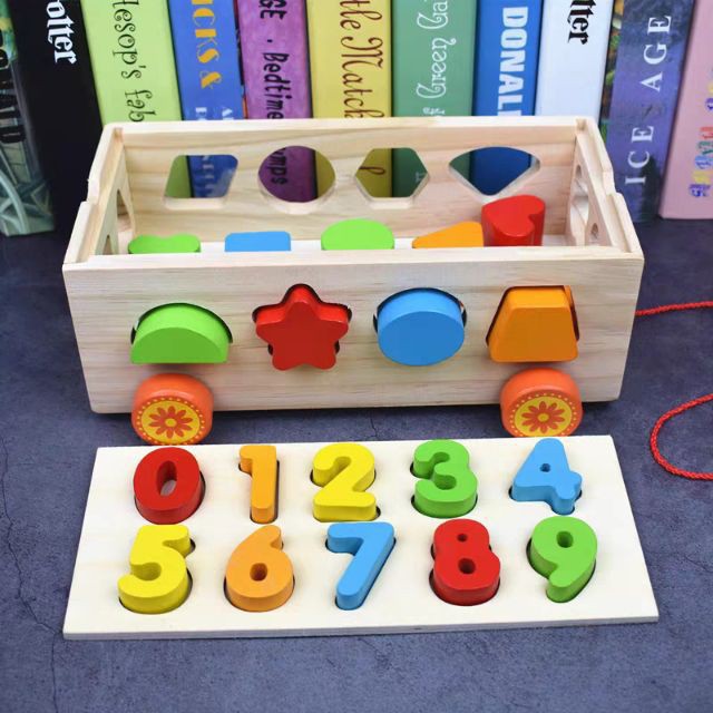 Xe Kéo Thả Hình Khối  [HCM-GIÁ SỈ]   Đồ Chơi Gỗ Montessori ,Màu Sắc Đẹp,Luyện Kỹ Năng Tay và Học Màu Sắc,Hình Khối