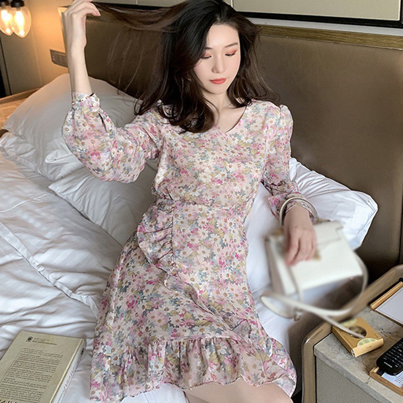 Đầm Ngắn Tay Dài Họa Tiết Hoa Thời Trang Xuân Thu Cho Nữ