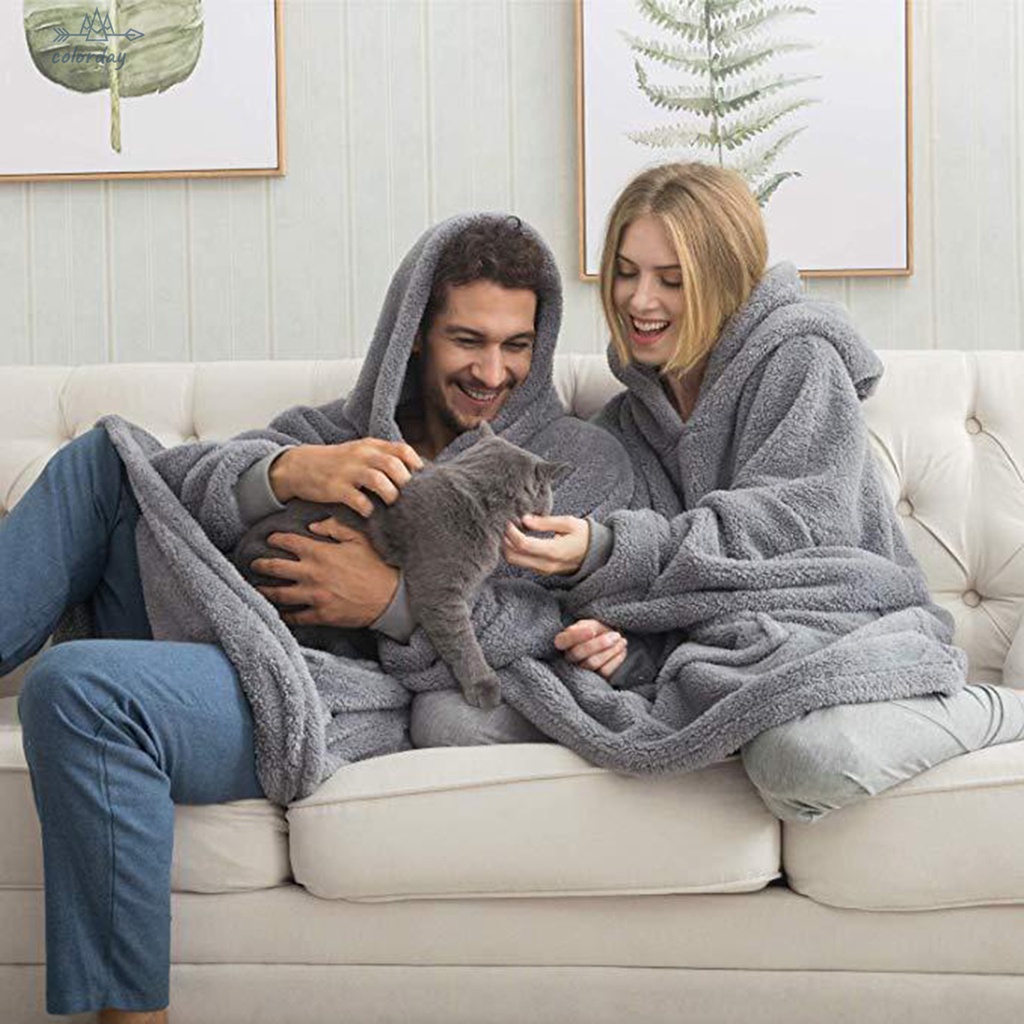 Áo hoodie kiểu chăn mền quá cỡ vải flannel hai mặt đáng yêu dành cho cặp đôi