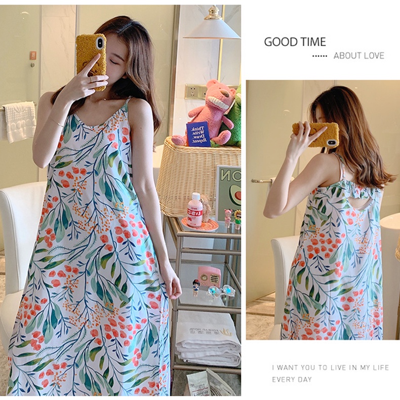 Váy ngủ hai dây nữ cổ V freesize, đầm bầu đẹp chất lanh lụa cotton nhẹ mềm mát