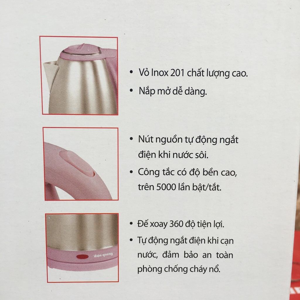 Ấm đun nước siêu tốc Điện Quang Màu Hồng inox 201, nhựa PP An Toàn  Bảo Hành Đổi Mới Trong 6 Tháng ( ĐQ EKT 14 )