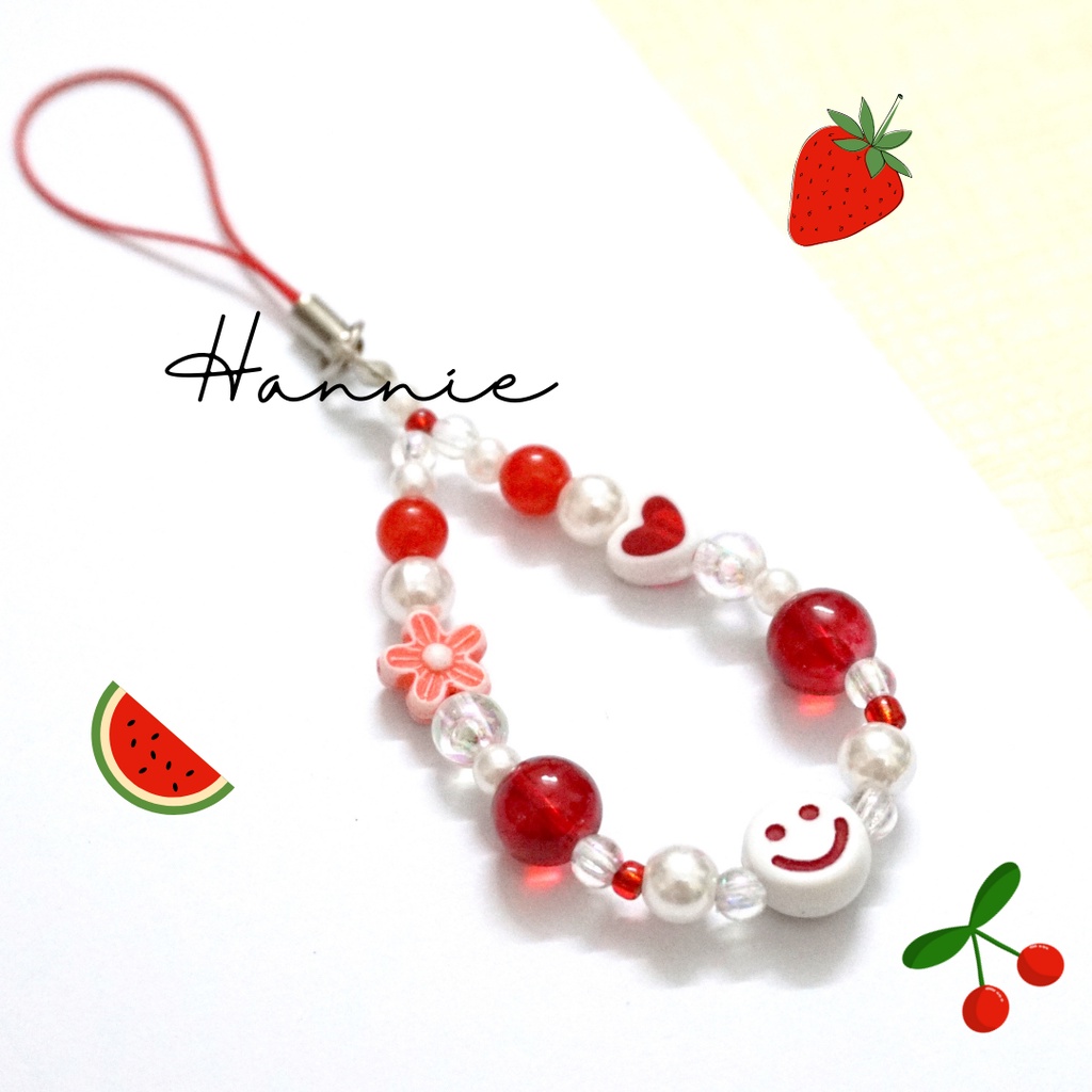 (Đỏ/Tím/Cam/Hồng/Xanh/Vàng) Móc khóa hạt trai mặt cười - Phụ kiện dây treo điện thoại túi xách balo chìa khóa handmade