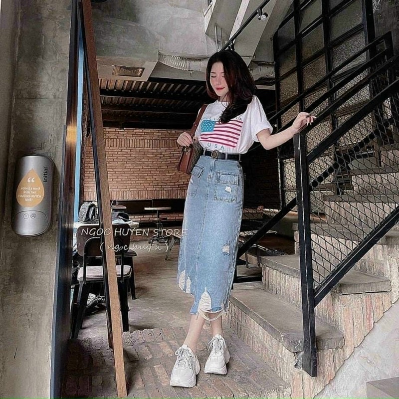 Chân váy jeans hai túi trước từ tiqi jean1988