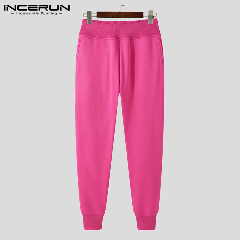 Quần dài INCERUN lưng cao dáng rộng co giãn màu trơn dành cho nam