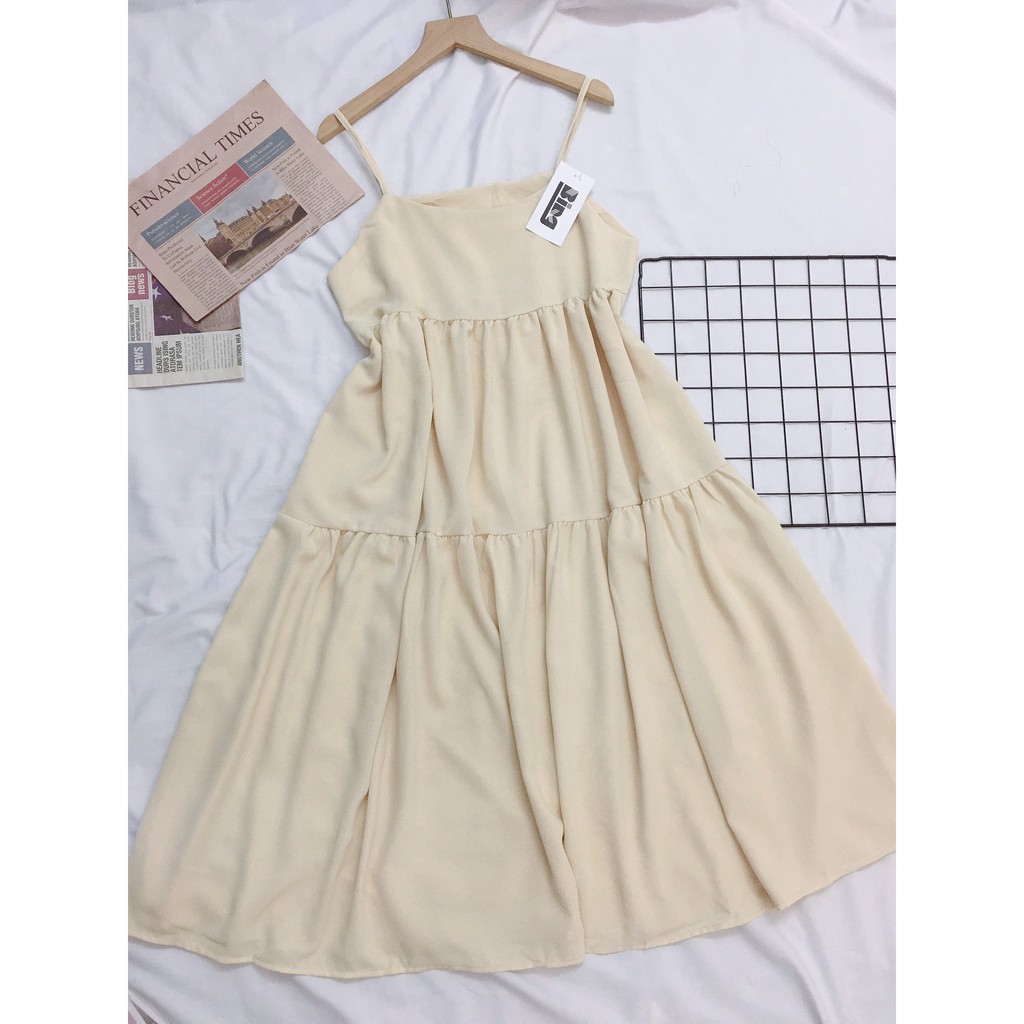Đầm maxi babydoll 3 tầng Bingshop vải đũi màu be mặc đi biển