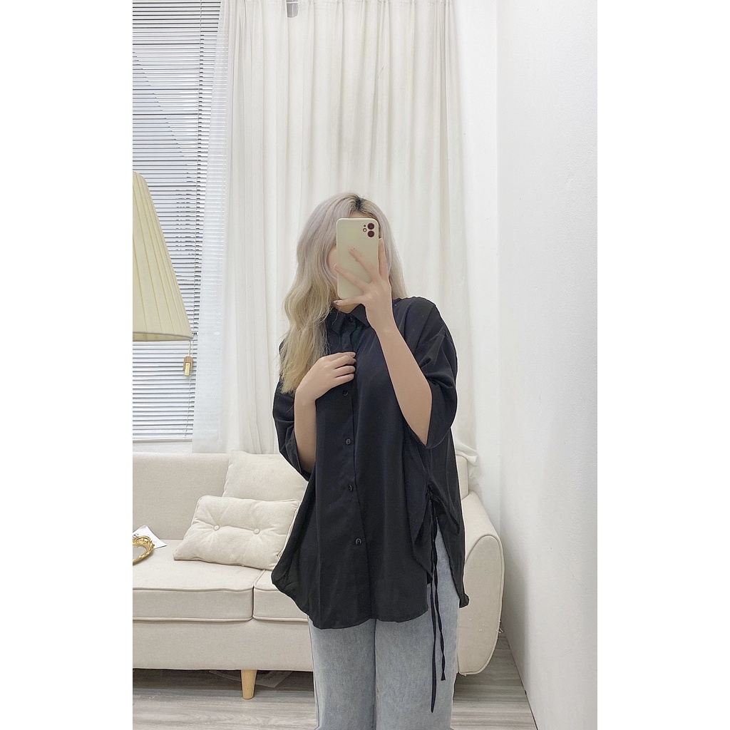 Sơ mi lụa ngắn tay trơn rút dây 2 bên - kèm ảnh thật chụp tại shop