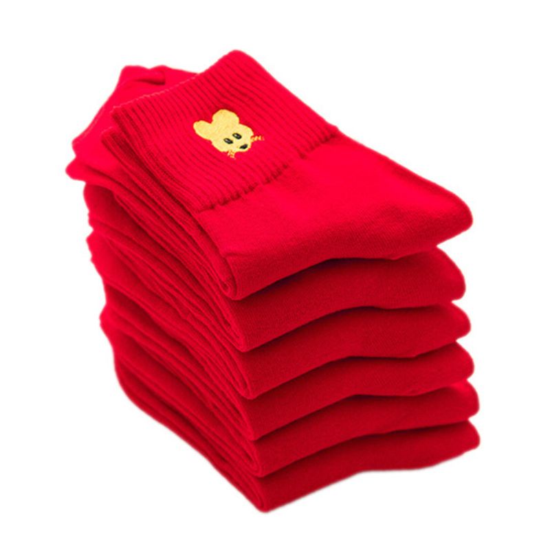 Whi Vớ Cotton Cổ Thuyền Màu Đỏ Thêu Biểu Tượng Chú Chuột May Mắn Phong Cách Trung Hoa Cho Nữ