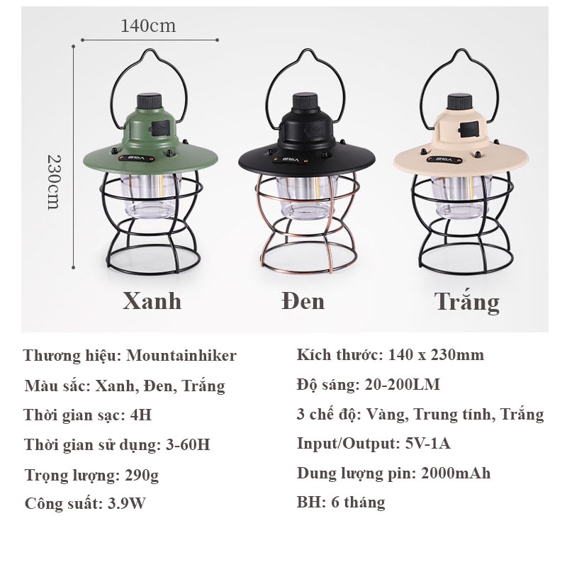 Đèn Dã Ngoại Tích Điện Mountainhiker - Đèn Cắm Trại Du Lịch Chống Mưa Bão 3 Chế Độ Sáng - BH 6 Tháng