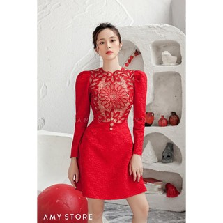 Đầm Chữ A gấm hoa dài tay