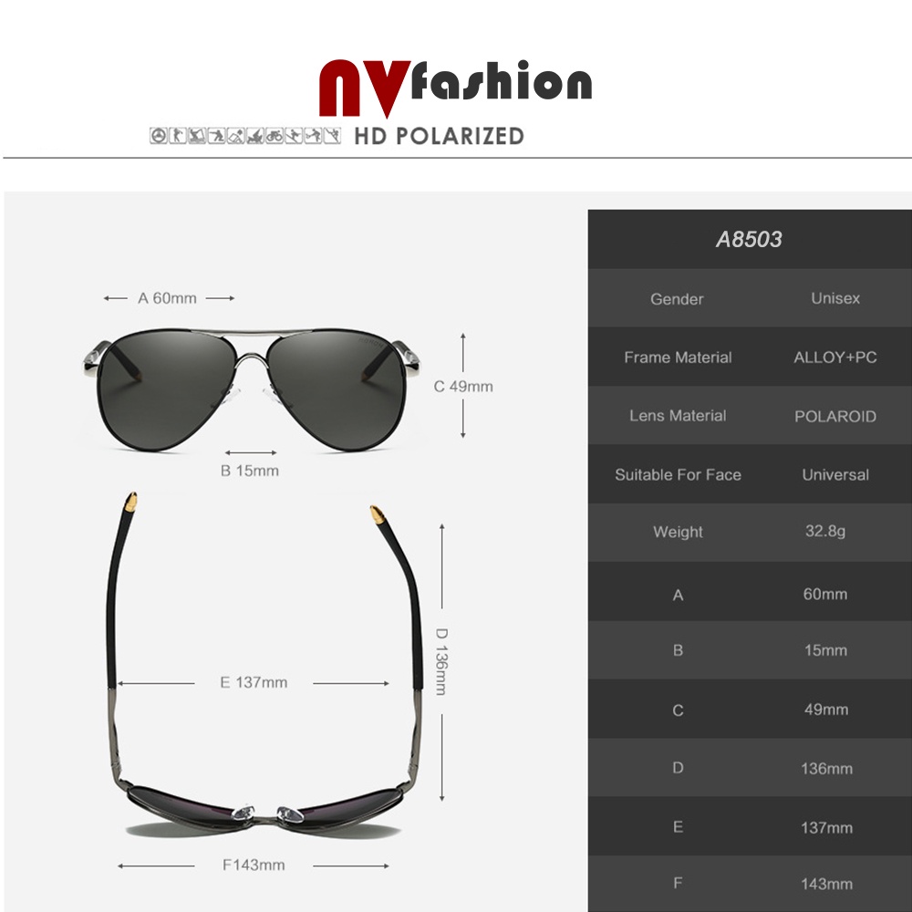 Kính mát nam nữ thời trang NVfashion A8503, tròng phân cực Polarized càng lò xo đàn hồi (nhiều màu)