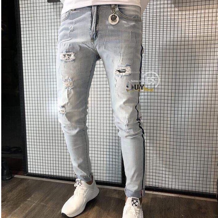 Quần jean nam cao cấp rách gối in chữ co giãn chất bò mẫu mới nhất AHFASHION | BigBuy360 - bigbuy360.vn