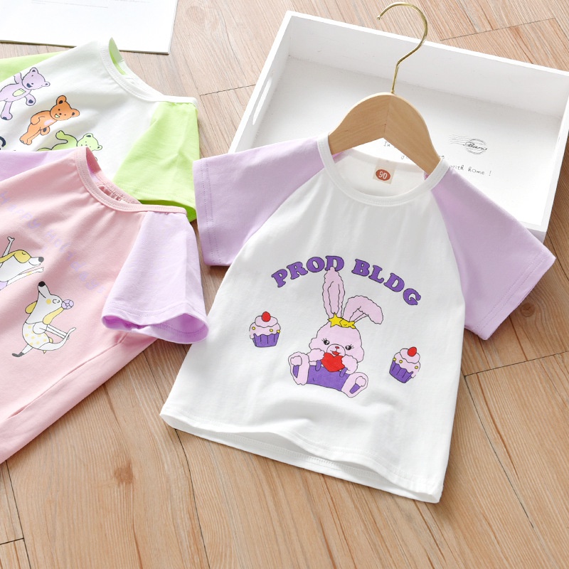 Áo Thun Tay Ngắn In Họa Tiết Hoạt Hình Màu Tương Phản Thời Trang Mùa Hè Cho Bé Gái