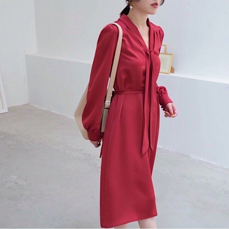 Đầm đỏ tay dài dây cổ (kèm hình thật) | BigBuy360 - bigbuy360.vn
