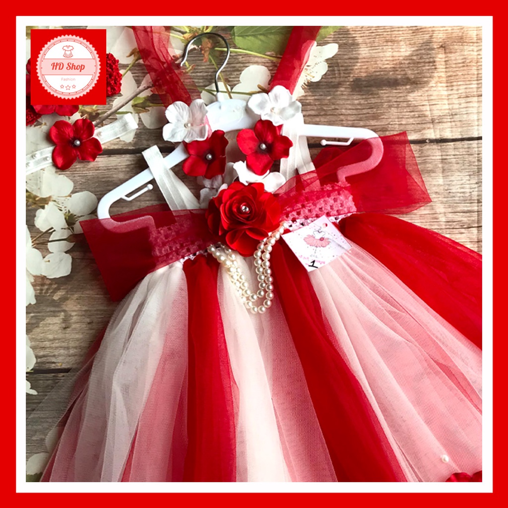 Đầm công chúa cho bé ❤️FREESHIP❤️ Đầm cho bé gái trắng phối đỏ hoa hồng tú cầu