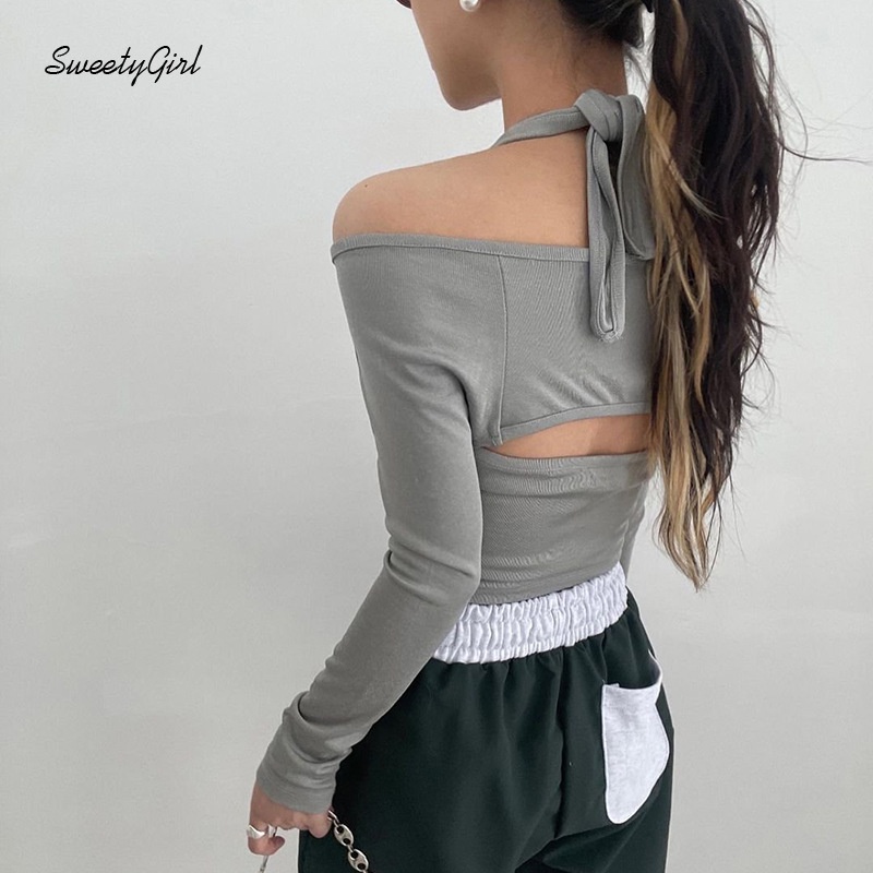 Áo Thun Tay Dài Hở Vai Màu Trơn Dáng Ôm Gợi Cảm Thời Trang 2022 Dành Cho Bạn Nữ