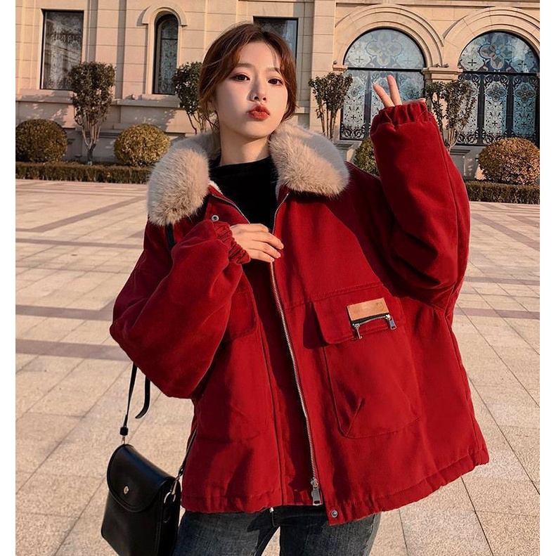 Áo Khoác Kaki Đỏ Lót Lông Mác Da 🦋 Áo Cổ Lông Đại Hàn Dáng Rộng Khóa Kéo 🦋