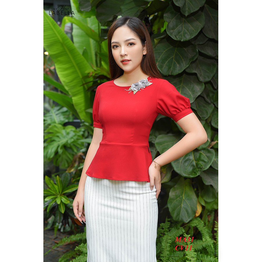 Áo Sơ Mi HOABELLA Dáng Peplum Đính Kết Hoa Cổ (MA31)