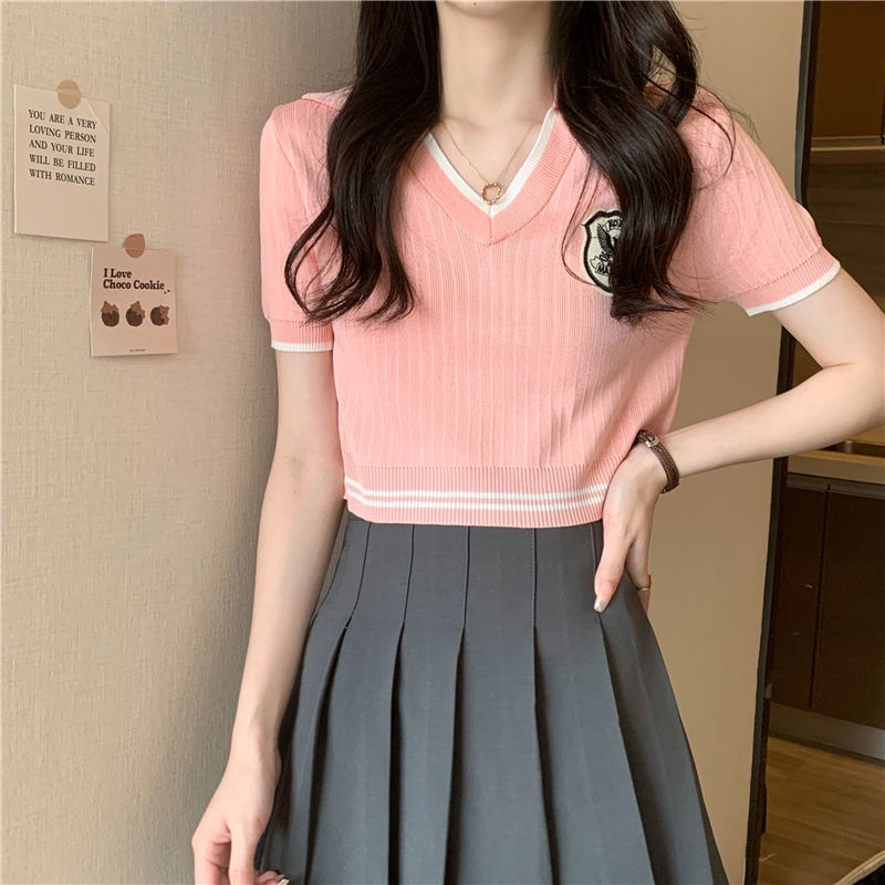 Áo Thun Dệt Kim Tay Ngắn Cổ Polo Vải Lụa Lạnh Kiểu Phương Tây Thời Trang Mùa Hè 2022