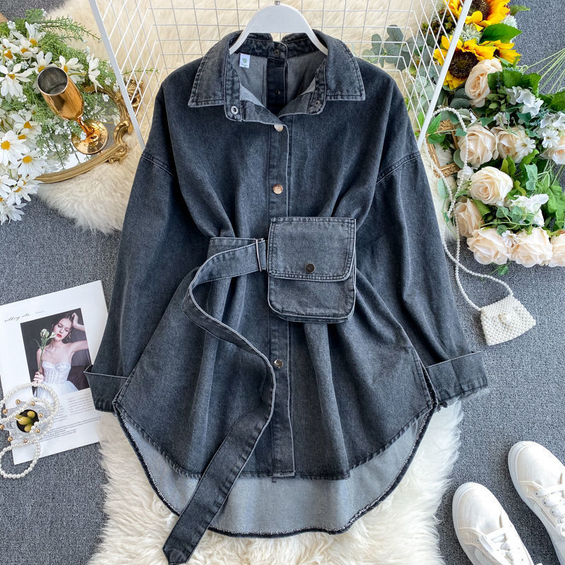 Korean Denim Shirt Female Design Niche Sense Scheming Halter Lace-up Waist Slimming Fashionable Two-wear Shirt