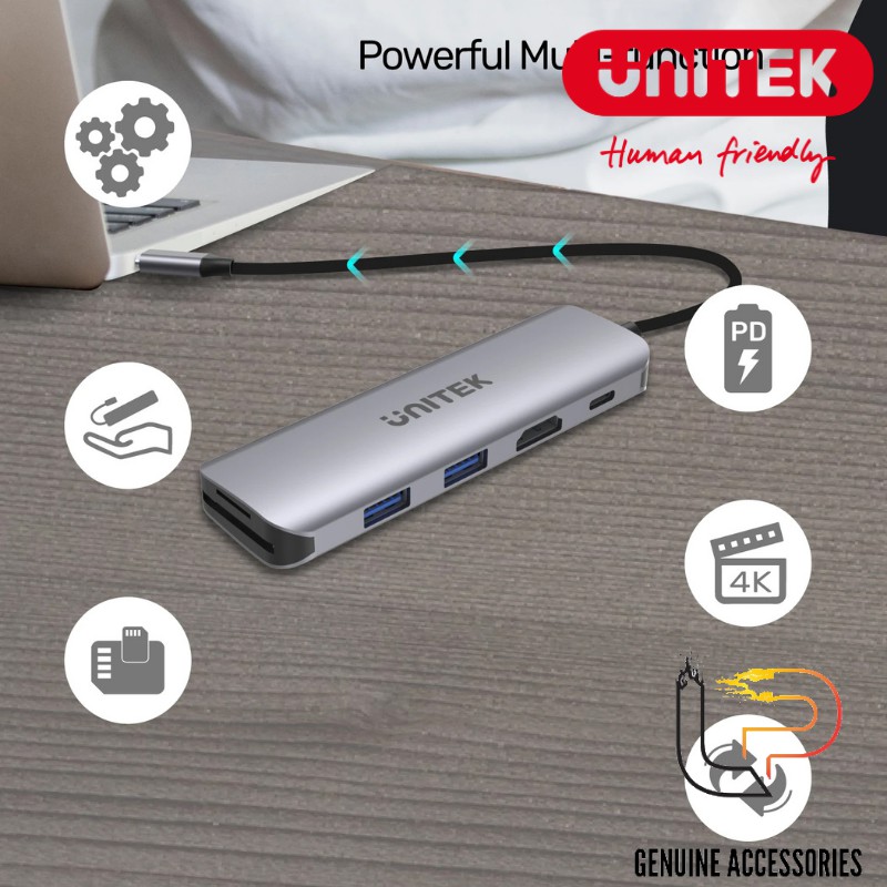CÁP CHUYỂN TYPE-C RA 2 USB 3.0 + HDMI + TF/SD + PD 100W UNITEK H1107D