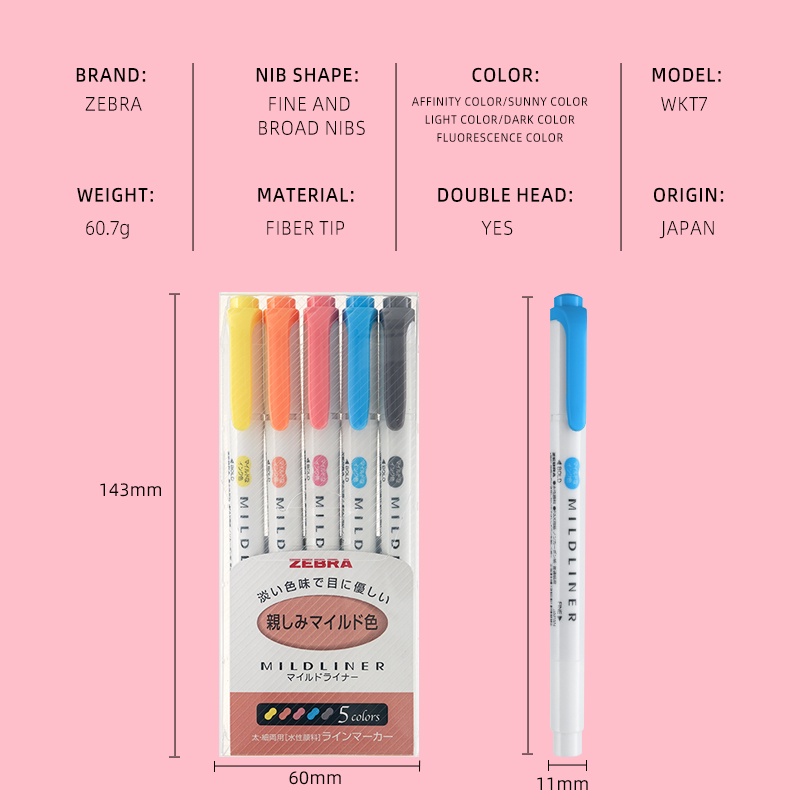 Bộ 5 Bút Dạ Quang Họa Tiết Ngựa Vằn Nhật Bản Xinh Xắn