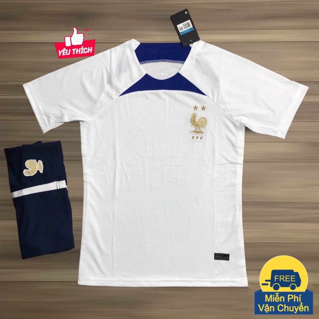 Bộ Quần Áo Bóng Đá Tuyển Pháp Trắng Vải Gai Thái Logo Thêu  - Bộ Đồ Đá Banh PP Bởi Be Happy Sport