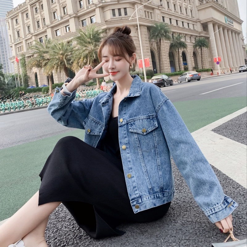 Áo khoác denim IELGY dáng ngắn rộng phong cách Hàn Quốc thời trang cho nữ