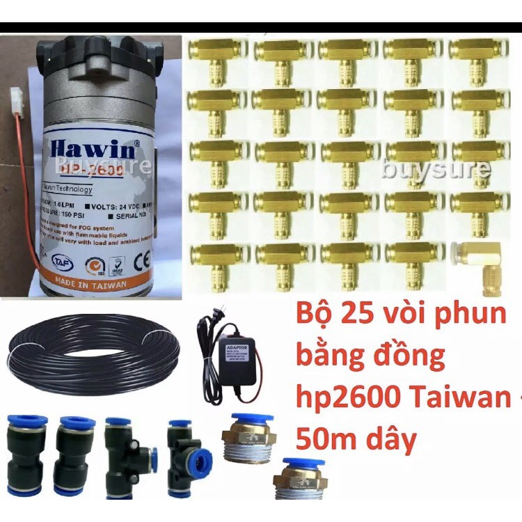 Combo hệ thống phun sương làm mát quán ăn, cafe gồm 25 vòi phun+ 50m dây và đủ phụ kiện