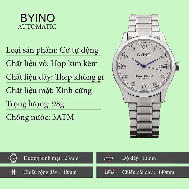 Đồng hồ nam BYINO 8387 dây thép đúc không gỉ chạy cơ tự động Bán lẻ giá sỉ