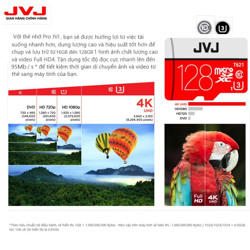 Thẻ nhớ 128Gb/64Gb/32Gb/16Gb JVJ Pro U3 Class 10–chuyên dụng cho CAMERA, Điện thoại, Máy ảnh,... tốc độ cao 95Mb-140Mb/s