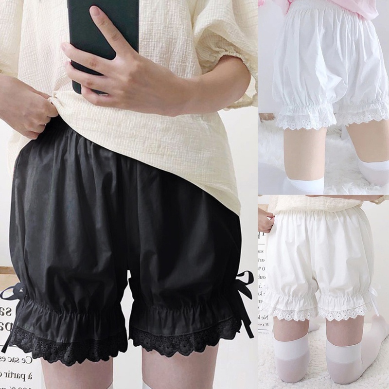 Quần đùi bảo hộ cổ điển Lolita rộng dáng quả bí đỏ cột nơ với gấu quần phối ren bèo lưng thun màu trơn cho nữ | BigBuy360 - bigbuy360.vn
