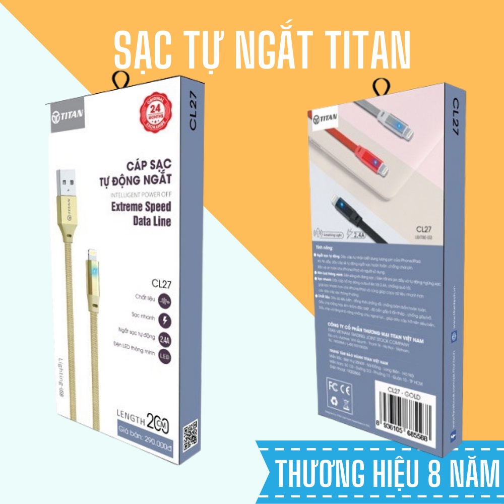 Cáp sạc IP Titan Tự ngắt khi đầy, Dài 2m, Chất liệu nilon dệt chống nước siêu bền