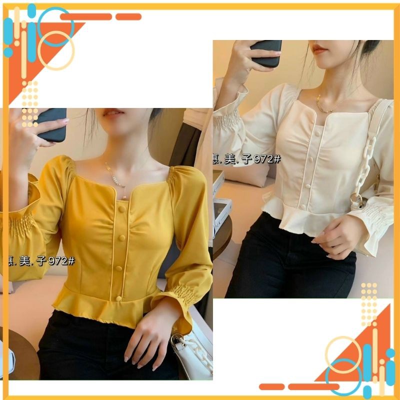 Áo  Croptop Dài Tay Cổ Vuông  Bèo |Sơ mi nữ Công Sở Cổ Vuông - Hàng Quảng Châu Thiết Kế | BigBuy360 - bigbuy360.vn