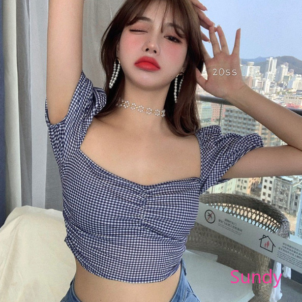 Áo Croptop Tay Ngắn Cổ Vuông Họa Tiết Sọc Caro Thời Trang Mùa Hè Cho Nữ