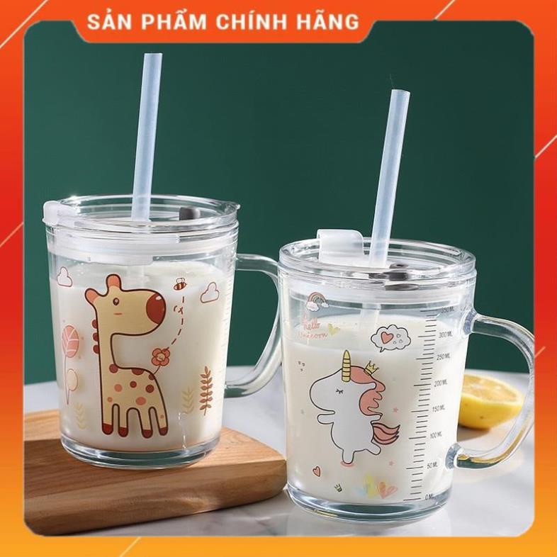 Ly Thủy Tinh Nắp Đậy Kẻ Vạch Tặng Kèm Ống Hút Dùng Uống Sữa , Nước Trái Cây 400ml